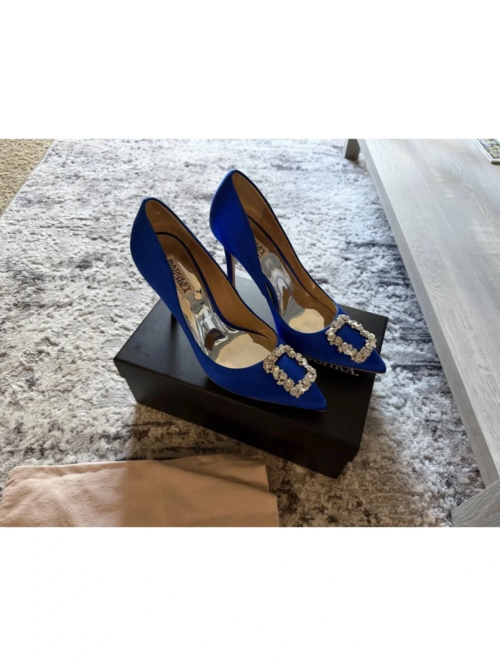 Badgley Mischka Cobalt Blue Satin Crystal-Embellished Pointed-Toe Pumps